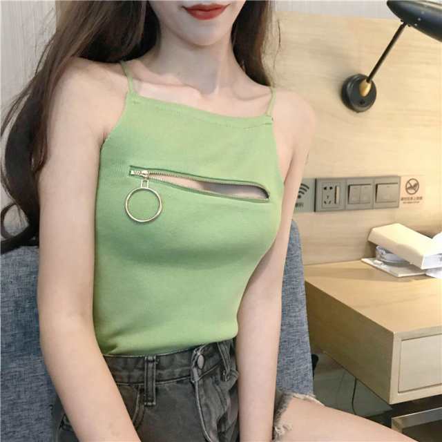 韓国ファッション 胸開きキャミソール 胸元ファスナー 量産型 着痩 病みかわ