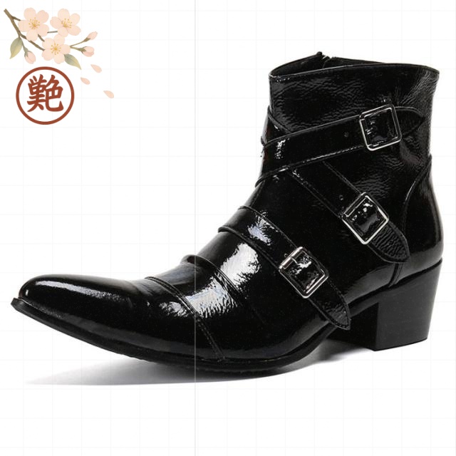 渋谷系 本革 ホストブーツ メンズ 3本ベルト ポインテッドトゥ ヒール ドレスブーツ モード系 ホスト系 2種 エナメル お兄系 ベルト ブーツ 紳士靴 ローヒール ドレスシューズ ステージ衣装 ショートブーツ