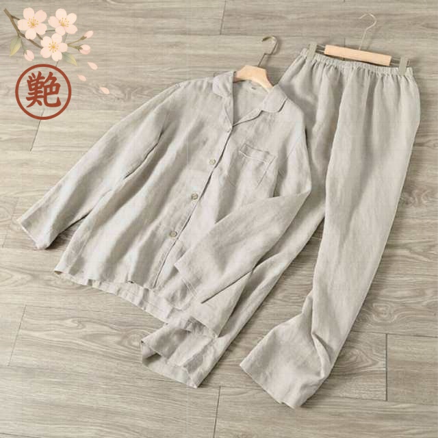 パジャマ レディース ナチュラル リネンパジャマ ネック 春 ルームウェア ロングパンツ 寝巻き ペア 前開き 夏 部屋着 上下 寝間着 カップル シンプル リネン メンズ 長袖 秋 セットアップ 麻 2点セット