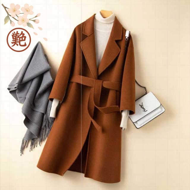 ロング丈コート 通勤 上品 レディース コート ダブルフェイスコート アウター 大人 ウール100% ロングコート 春秋冬  リバーコート ウールコート ロング丈 ウエストベルト