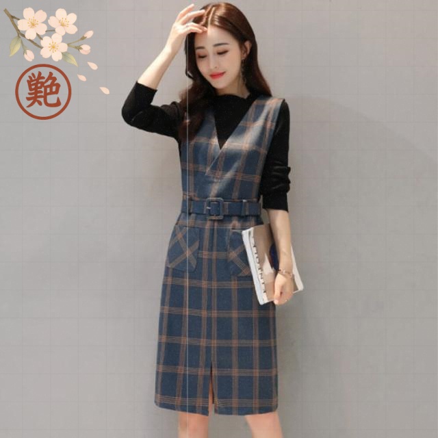 セットアップ ｖネックワンピース 2点セット ノースリーブワンピース おしゃれ トップス ニットトップス 可愛い ベスト セーター 新作 レディース チェック柄 大秋冬