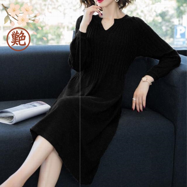 ニット 春秋冬 ハイネック レディース 大きいサイズ 着痩せ ロング丈 お洒落 長袖 通勤 ワンピース ニットワンピース ゆったり シンプル キレイめ プルオーバー