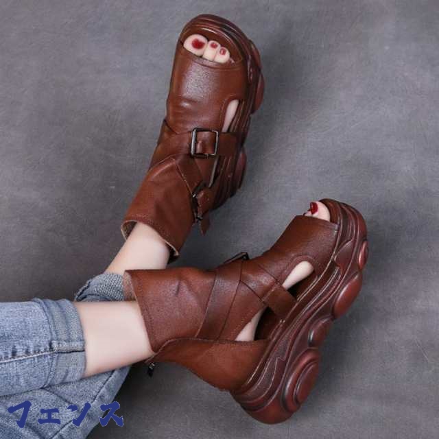 ブーツ 夏 レディース 厚底 本革 サマーブーツ ブーツサンダル 前あき