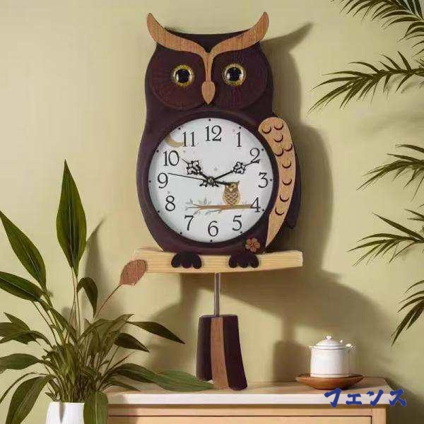 振り子時計フクロウ壁掛け時計木製ふくろう可愛い掛け時計静音電池式