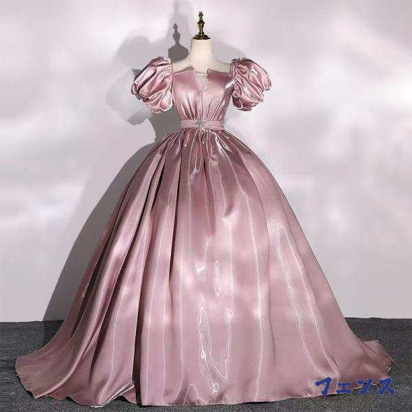 注目ランキング上位 多機能デザイン 即納OK 今だけ カラードレスロングドレス演奏会イブニングドレスプリンセスラインステージ舞台衣装発表会コンサート成人式卒業式大人 ピンク光沢パフスリーブ 売上急増中 数量限定入荷