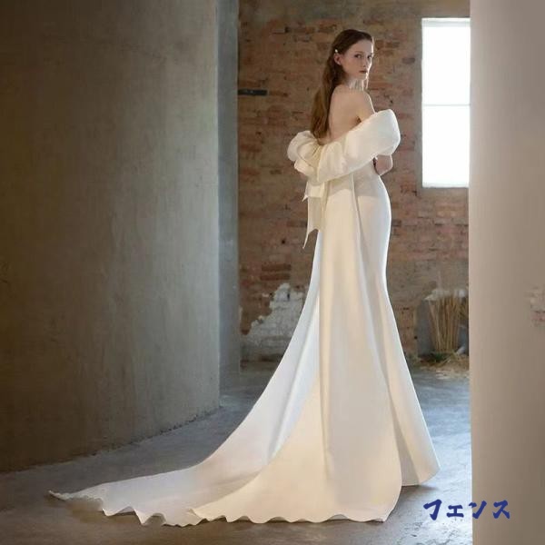ウェディングドレス ウェディングドレス白 パーティードレス V襟 簡約 花嫁ロングドレス 露背 結婚式 トレーンライン 二次会 エレガント お呼ばれ