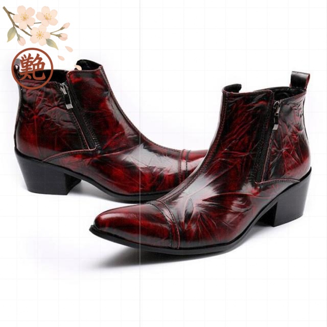 サイドファスナー パーティー ウエスタンブーツ ビジネスシューズ フォーマル ビジネス おしゃれ 革靴 ポインテッドトゥ 派手 ステージ衣装 結婚式 舞台用 メンズ 紳士靴 赤 本革 ホスト 牛革 ドレスシューズ ショートブーツ オペラシューズ