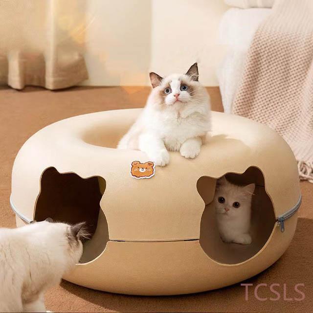 送料無料 ペットベッド にゃんドーナツ 猫 キャットハウス トンネル ねこハウス おもちゃ ペットソファー 寝床 ハウス ギフト グッズ 1色/M/L