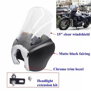ヘッドライトフェアリング 15 インチフロントガラス、クロームトリムベゼル付き、ハーレーストリートボブ FXBB 用 Headlight Fairing 15" Windshield w/ Chrome Trim Bezel For Harley Street Bob FXBB