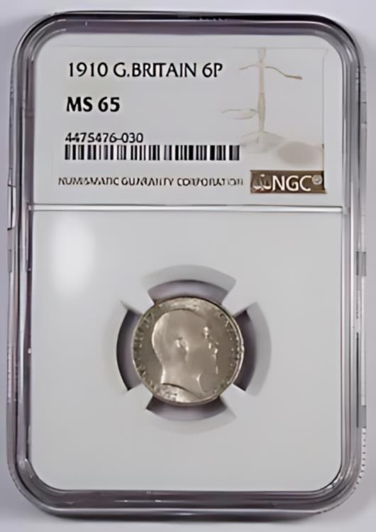 イギリス 1910 エドワード 7 世 6 ペンス銀貨 NGC MS65 KM-799