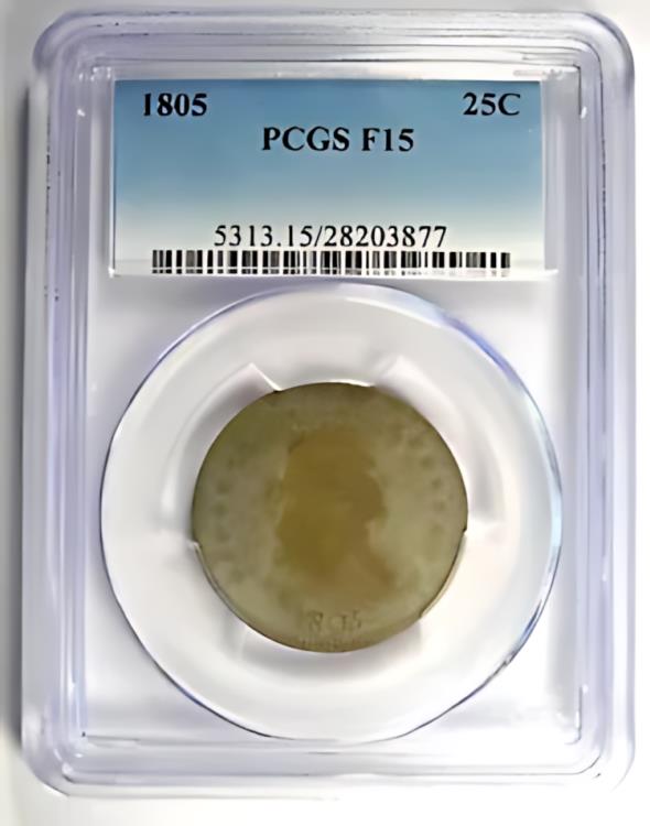 1805 ドレープ バスト クォーター 25C コイン - 認定 PCGS F15 (上質) - 1,500 ドル相当