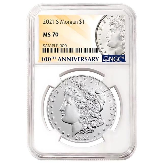 2021-S $1 モルガン シルバー ダラー NGC MS70 100周年記念。ラベル