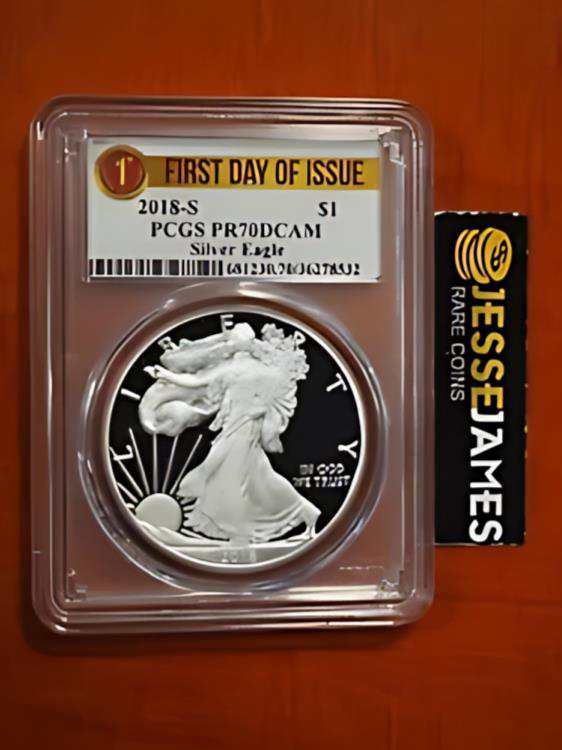 2018 S プルーフ シルバー イーグル PCGS PR70 DCAM 発行初日 シルバー リボン ラベル
