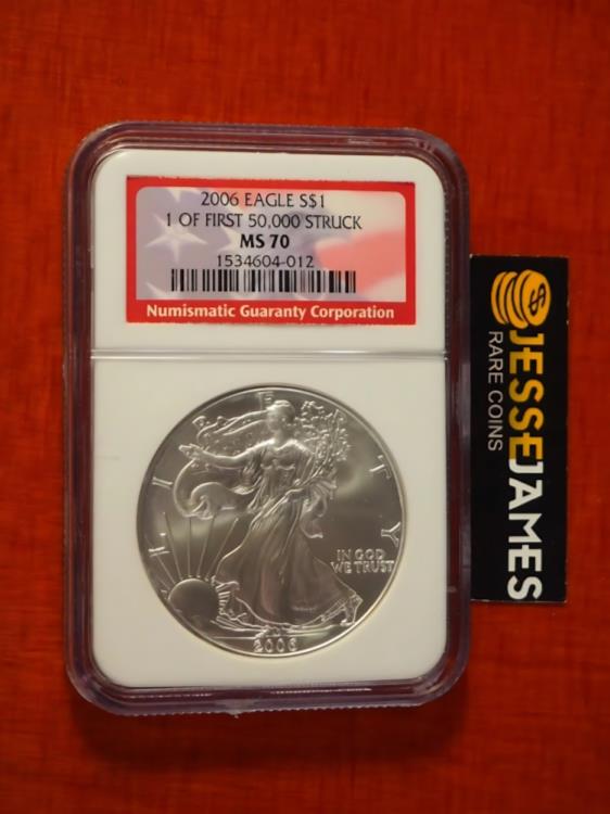 2006 $1 アメリカン シルバー イーグル NGC MS70 先着 50,000 個のうち 1 個がストラク フラッグ レッド ラベルに アート・美術品・骨董品
