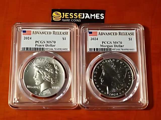 2024 シルバー ピース & モーガン ドル PCGS MS70 アドバンス リリース ラベル 2 コイン セット