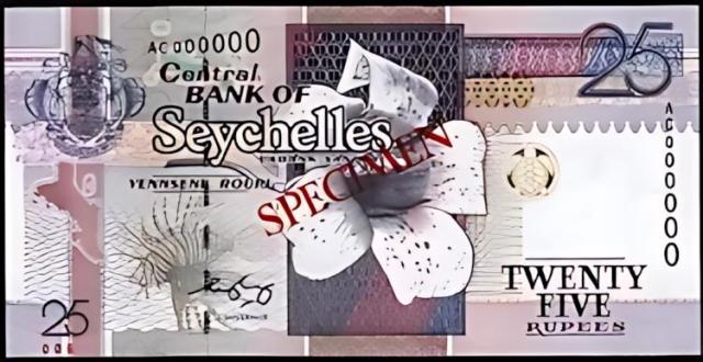 セイシェル 25 ルピー 1998 2008、UNC、標本、P-37bs、AC 000000