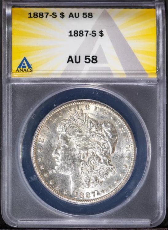 1887-S シルバー モルガン ドル AU 58 ANACS # 7473347 + ボーナス