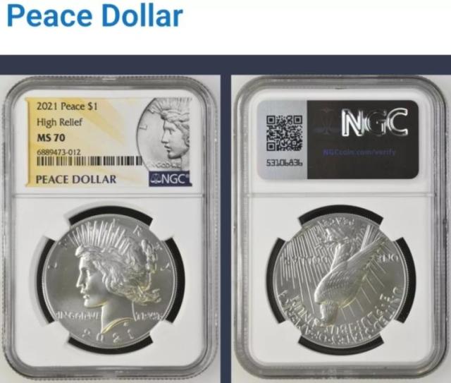 2021 - ハイレリーフ ピース シルバー ドル - NGC MS70 - 100 周年記念