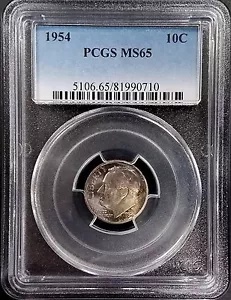 1954 ルーズベルト シルバー ダイムは PCGS によって MS 65 を認定されました。美しいトーン！