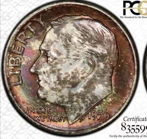 1956-D MS67 レインボー トーン PCGS ルーズベルト ダイム Trueview ゴールド シールド