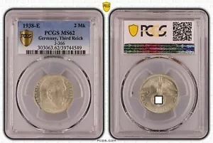 第三帝国 2 ライヒスマルク ヒンデンブルク 1938 E PCGS 認定 MS62 51156-