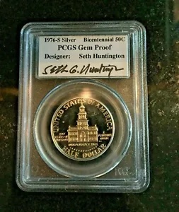 1976-S PCGS ジェム プルーフ シルバー 50C デザイナー: セス ハンティントンの署名