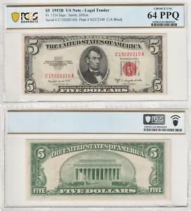 1953 B US レッド シール 5 ドル紙幣紙幣選択未流通 PCGS 紙幣グレード 64 PPQ
