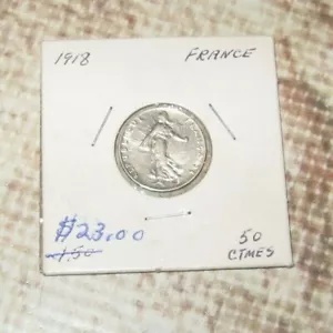 ヴィンテージ オールド アンティーク フランス フランス コイン シルバー 50 サンタイム ハーフ フラン 1918 ..