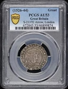 1526-44 ヘンリー 8 世 グロート S-2337E 銀貨 イギリス 4d PCGS AU53