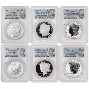 6 個セット 2024 $1 シルバー モーガン & ピース ドル PCGS MS70、PR70DCAM、PR70 AR wOGP