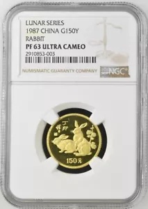 1987 中国旧暦ウサギ年 150 元金貨 NGC PF63 ウルトラカメオ