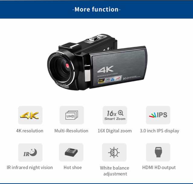 ビデオカメラ 4K フルHD デジタルカメラ HD DVナイトビジョン WIFI MIC