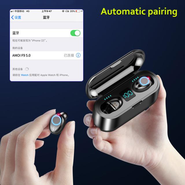 F9ワイヤレスイヤホンBluetooth V5.0ハンズフリーイヤフォン8D