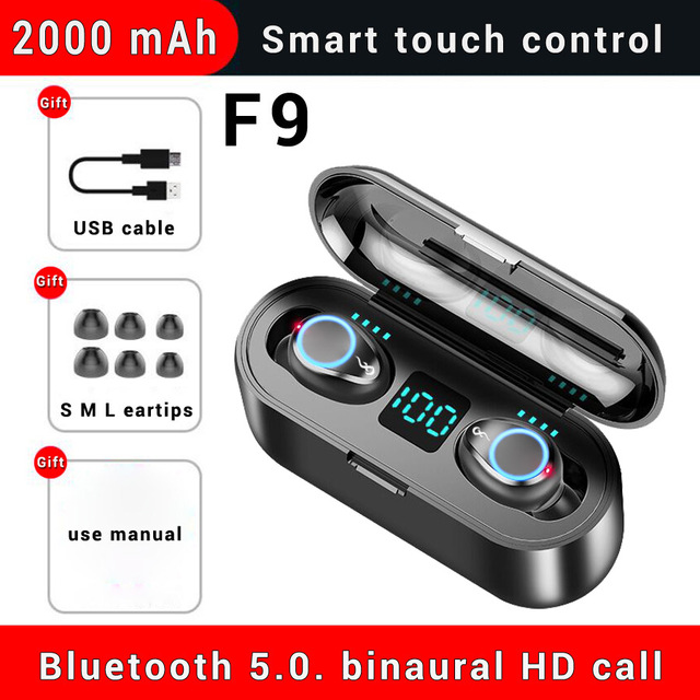 F9ワイヤレスイヤホンBluetooth V5.0ハンズフリーイヤフォン8D