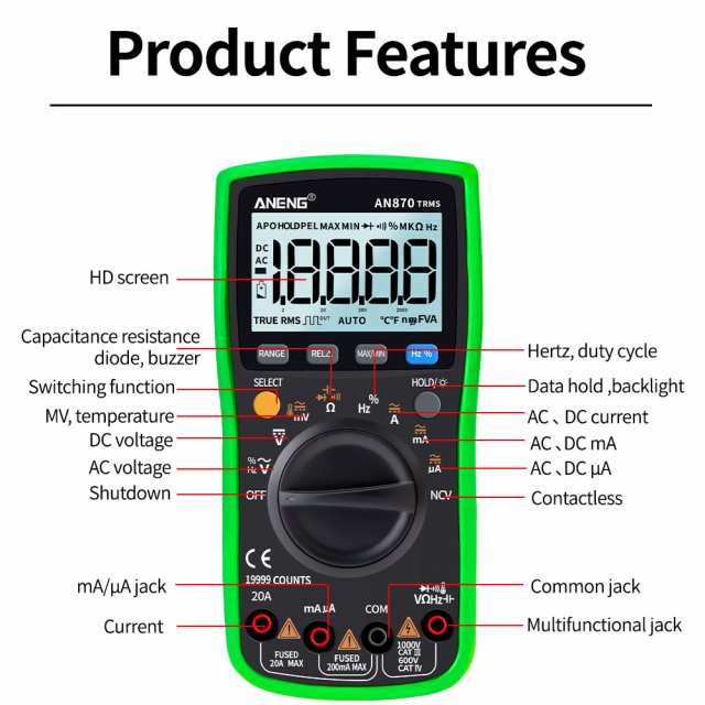 ANENG AN870デジタルマルチメーター19999真のRMS AC / DC電圧ボルト