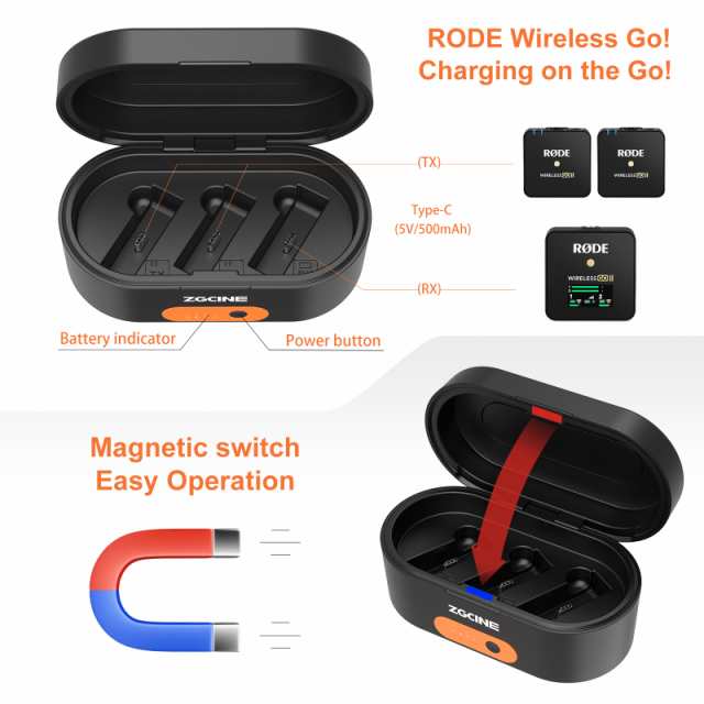 Rode Wireless Go1 / 2世代3400mahバッテリー容量軽量充電ボックスと ...