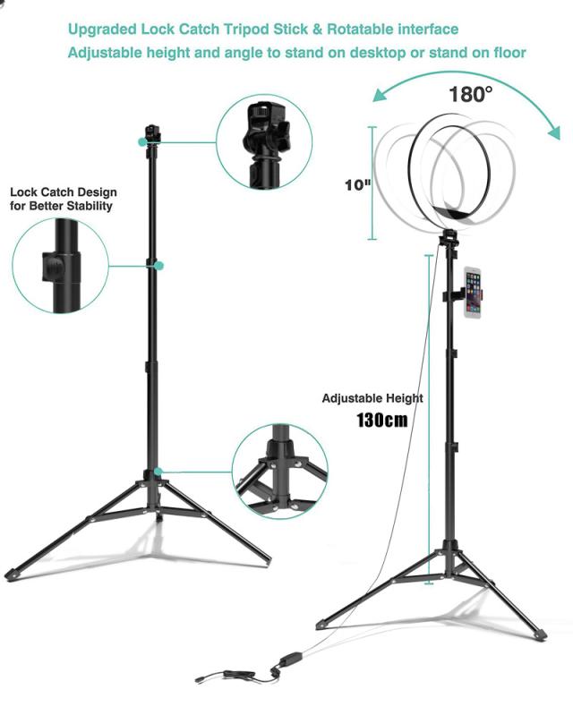 セルフィーリングフィルインライトブラケット調整可能な明るいLEDライトiPhoneおよびAndroidと互換性があります