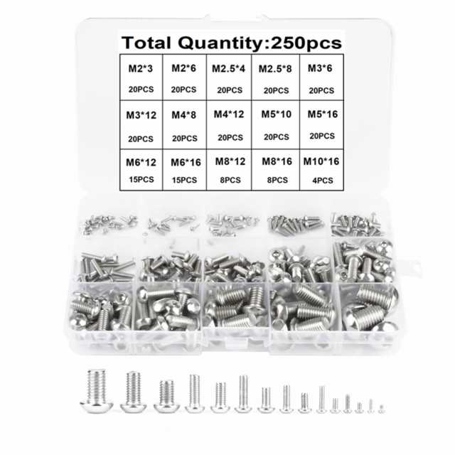250 個 304 ステンレス鋼ねじセット丸頭六角穴付きねじファスナー M2 ...