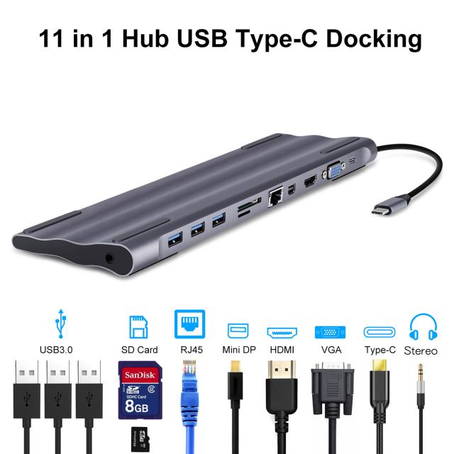 11-in-1Type-cドッキングステーションUsb-cからネットワークポートへHdmi-compatible/minidp / vga Computer Hub Adapter