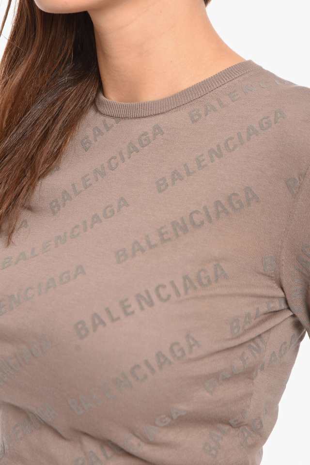 BALENCIAGA バレンシアガ Brown ニットウェア 695458T32349661 レディース CROP SWEATHER WITH  ALLOVER TON-SUR-TON LETTERING 【関税・｜au PAY マーケット