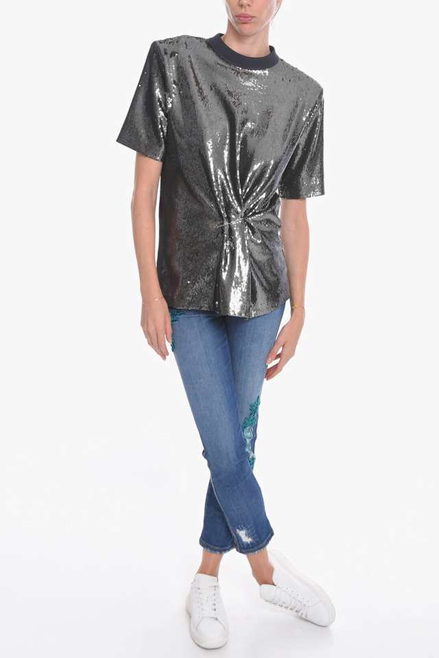 ATTICO アティコ Gray トップス 214WCT52M010/J 208 レディース MICRO-SEQUINED OVERSIZED  T-SHIRT WITH BROOCH DETAIL 【関税・送料無料｜au PAY マーケット