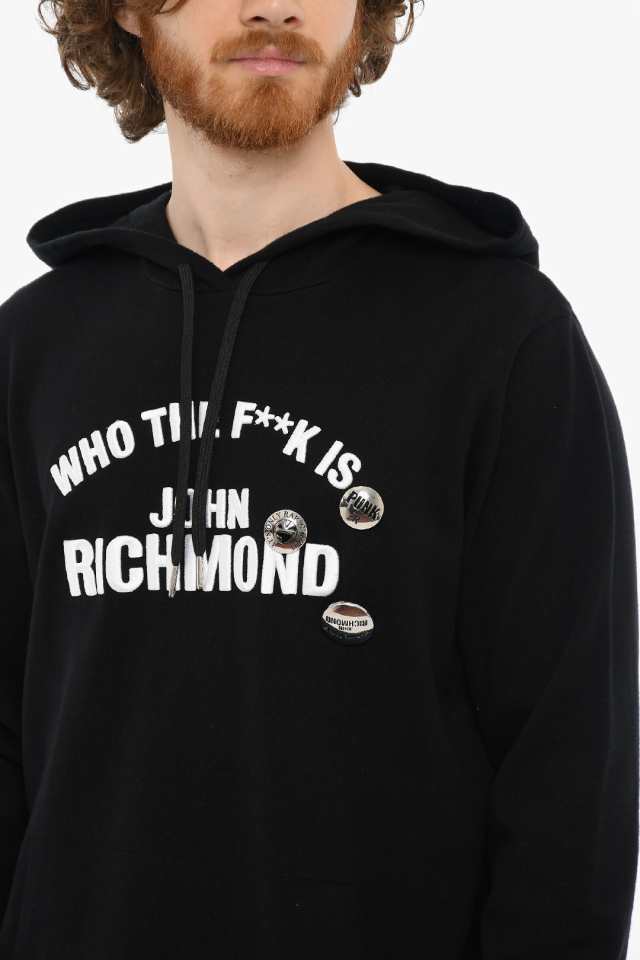 JOHN RICHMOND ジョンリッチモンド Black トレーナー RMP22047MAG6 0 BLACK メンズ EMBROIDERED  HOODIE WITH PINS AND DRAWSTRINGS 【関｜au PAY マーケット