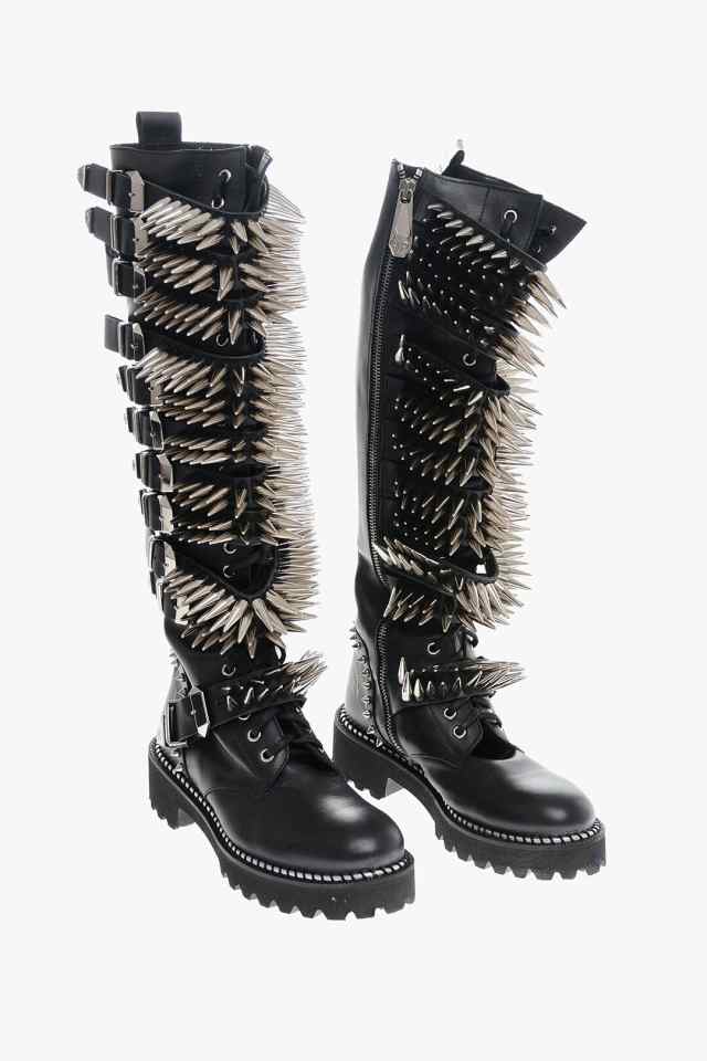 PHILIPP PLEIN フィリッププレイン ブーツ WSE0289 PLE075N 02 NERO OPACO レディース LEATHER  LACE-UP BOOTS WITH ALL-OVER STUDS 4.5CM｜au PAY マーケット