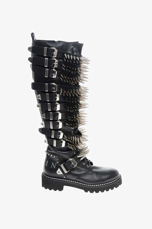 PHILIPP PLEIN フィリッププレイン ブーツ WSE0289 PLE075N 02 NERO OPACO レディース LEATHER  LACE-UP BOOTS WITH ALL-OVER STUDS 4.5CM｜au PAY マーケット