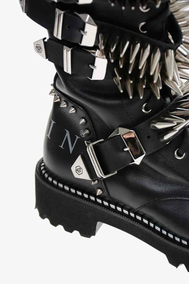 PHILIPP PLEIN フィリッププレイン ブーツ WSE0289 PLE075N 02 NERO OPACO レディース LEATHER  LACE-UP BOOTS WITH ALL-OVER STUDS 4.5CM｜au PAY マーケット