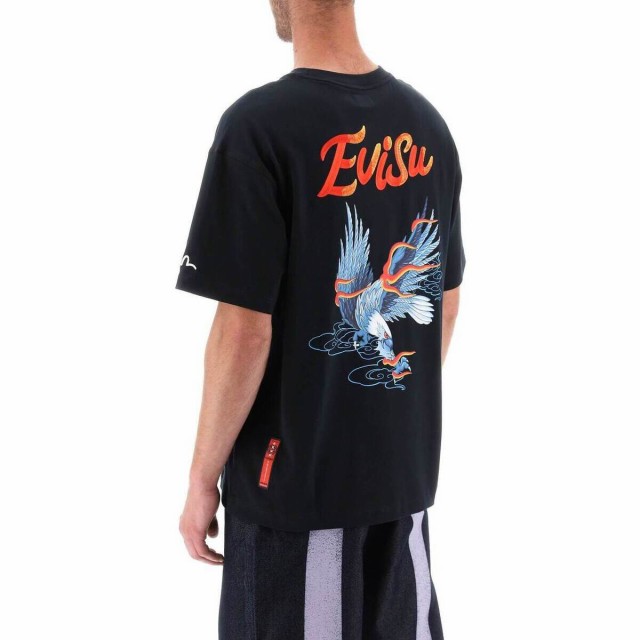 EVISU エビス ブラック Nero Evisu t-shirt with eagle print and logo