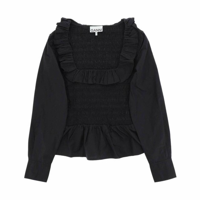 GANNI ガニー ブラック Nero Ganni smocked cotton top トップス レディース 春夏2023 F7558  【関税・送料無料】【ラッピング無料】 ik｜au PAY マーケット