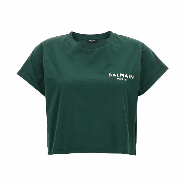 BALMAIN バルマン グリーン Green Flocked logo cropped t-shirt T