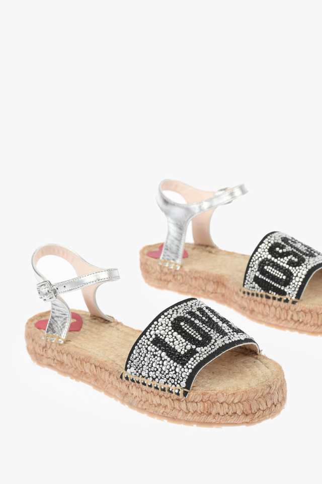 MOSCHINO モスキーノ Silver フラットシューズ JA16053G0CJB0902 レディース LOVE LAMINATED  LEATHER ANKLE STRAP SANDALS WITH RHINESTO｜au PAY マーケット