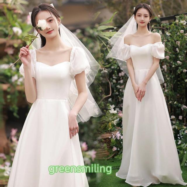 ウェディングドレス ロングドレス 半袖 二次会 結婚式 前撮り 花嫁 ウエディングドレス サテン パーティードレス ファスナー ブライダル 大きいサイズ